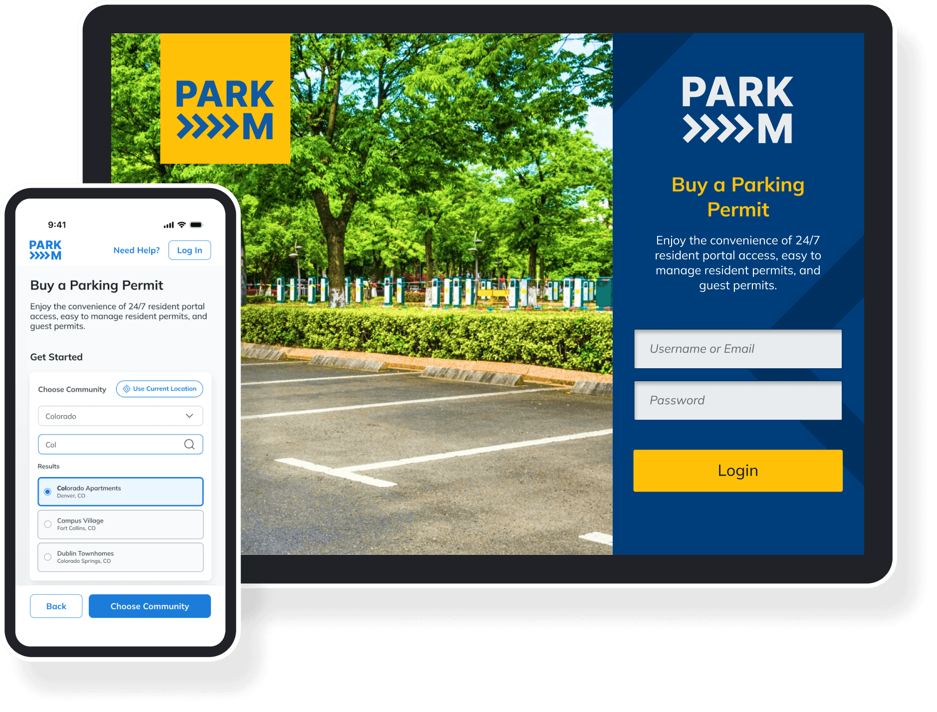 ParkM app for community parking permits pulled up on phone and tablet