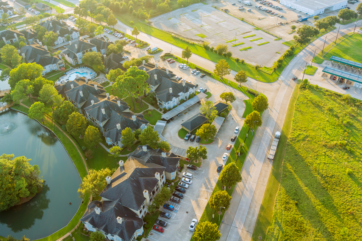 A neighborhood of multifamily complexes and parking lot systems in Houston, TX