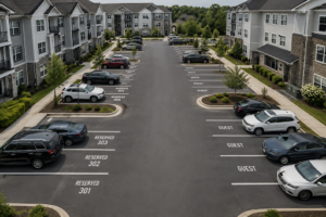 Aerial view of organized apartment community parking lot with marked spaces.