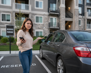 Resident frustrated by unauthorized vehicle parked in assigned apartment parking spot.