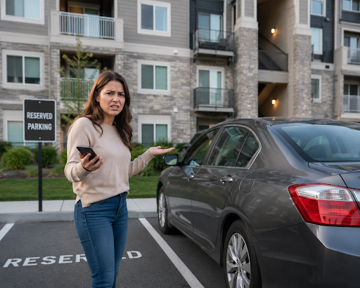Resident frustrated by unauthorized vehicle parked in assigned apartment parking spot.