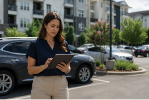 Property manager reviewing digital parking permit data on a tablet
