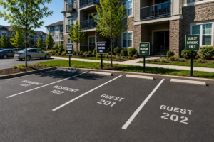 Apartment community parking lot with marked resident and guest parking spaces