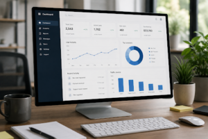 Computer monitor displaying a digital management dashboard in a modern office workspace.