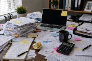 Messy leasing office desk