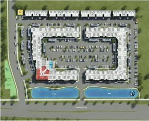 Site map of Arden at Corinth showing the apartment buildings, central parking lots and two ponds