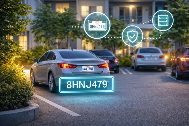 Illustration of license plate recognition reading a car's plate in an apartment parking lot