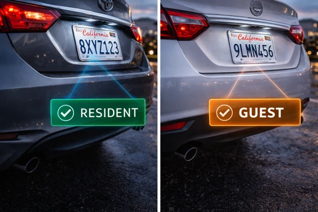 Two license plates scanned by license plate recognition, one tagged Resident and one tagged Guest