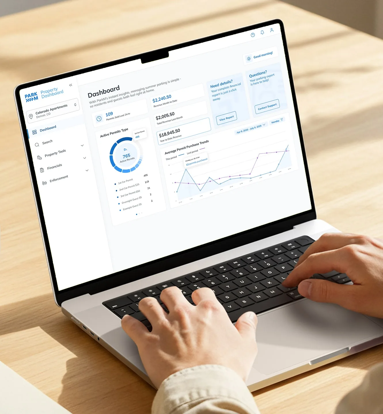 ParkM Property Dashboard on a laptop showing permits sold, parking revenue, active permits by type and purchase trends