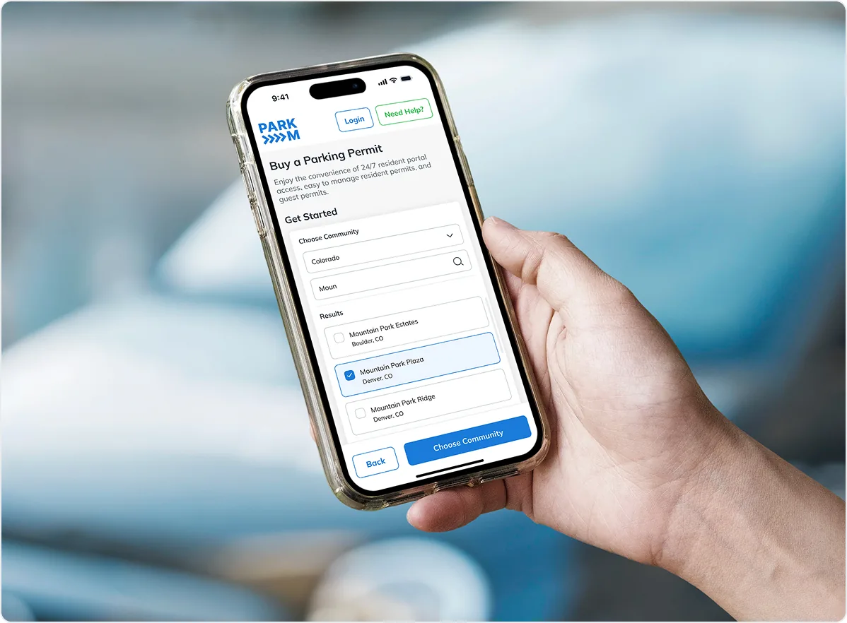 ParkM Buy a Parking Permit screen on a phone, with a Denver community selected from the search results
