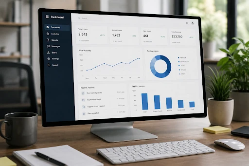 Computer monitor displaying a digital management dashboard in a modern office workspace.