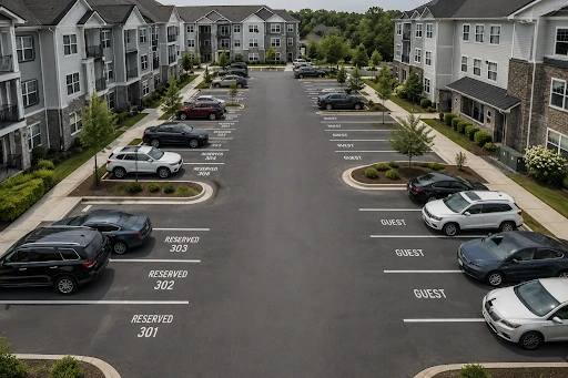 Aerial view of organized apartment community parking lot with marked spaces.