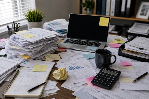 Messy leasing office desk