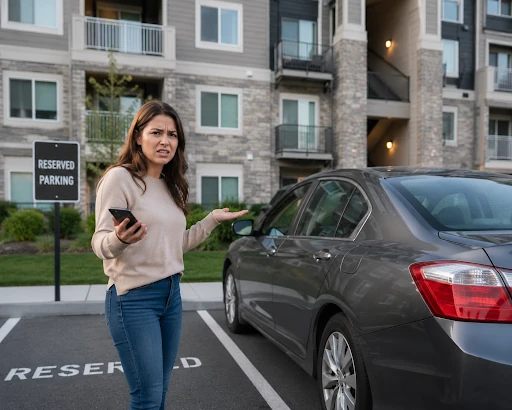 Resident frustrated by unauthorized vehicle parked in assigned apartment parking spot.